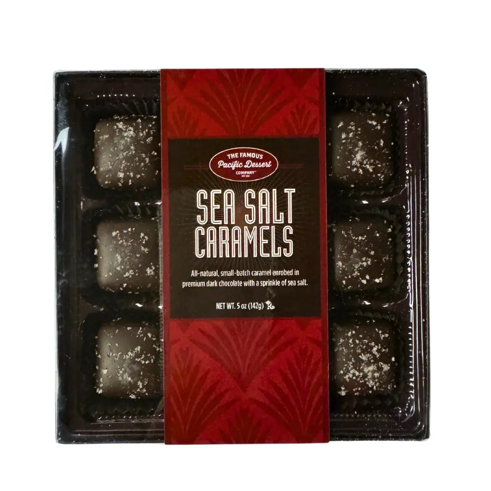 9pc Dark Chocolate Sea Salt Caramels handmade in Woodinville, WA. These chocolates are absolutely amazing and the flaked sea salt on top is the perfect balance of sweet and salty