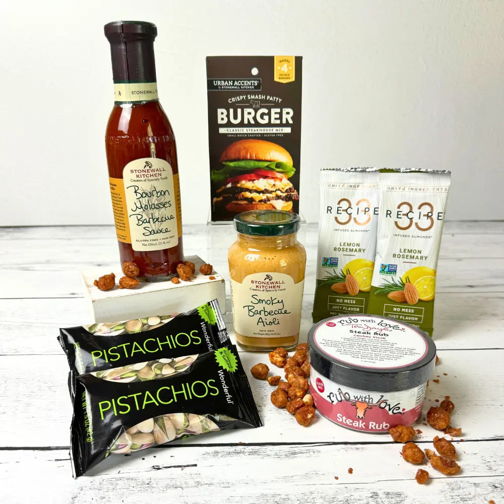 BBQ Master gift basket featuring bbq sauce, smoky barbecue aloli, steak seasoning, infused almond, burger seasoning and pistachios. Apple Blossom Gift Baskets