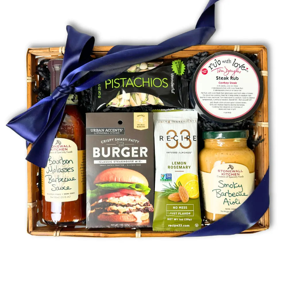 BBQ Master gift basket featuring bbq sauce, smoky barbecue aloli, steak seasoning, infused almond, burger seasoning and pistachios. Apple Blossom Gift Baskets