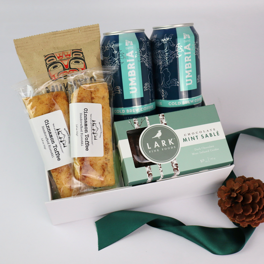 holiday cold brew gift box featuring Seattle made coffee and Pacific Northwest biscotti.  The perfect team gift