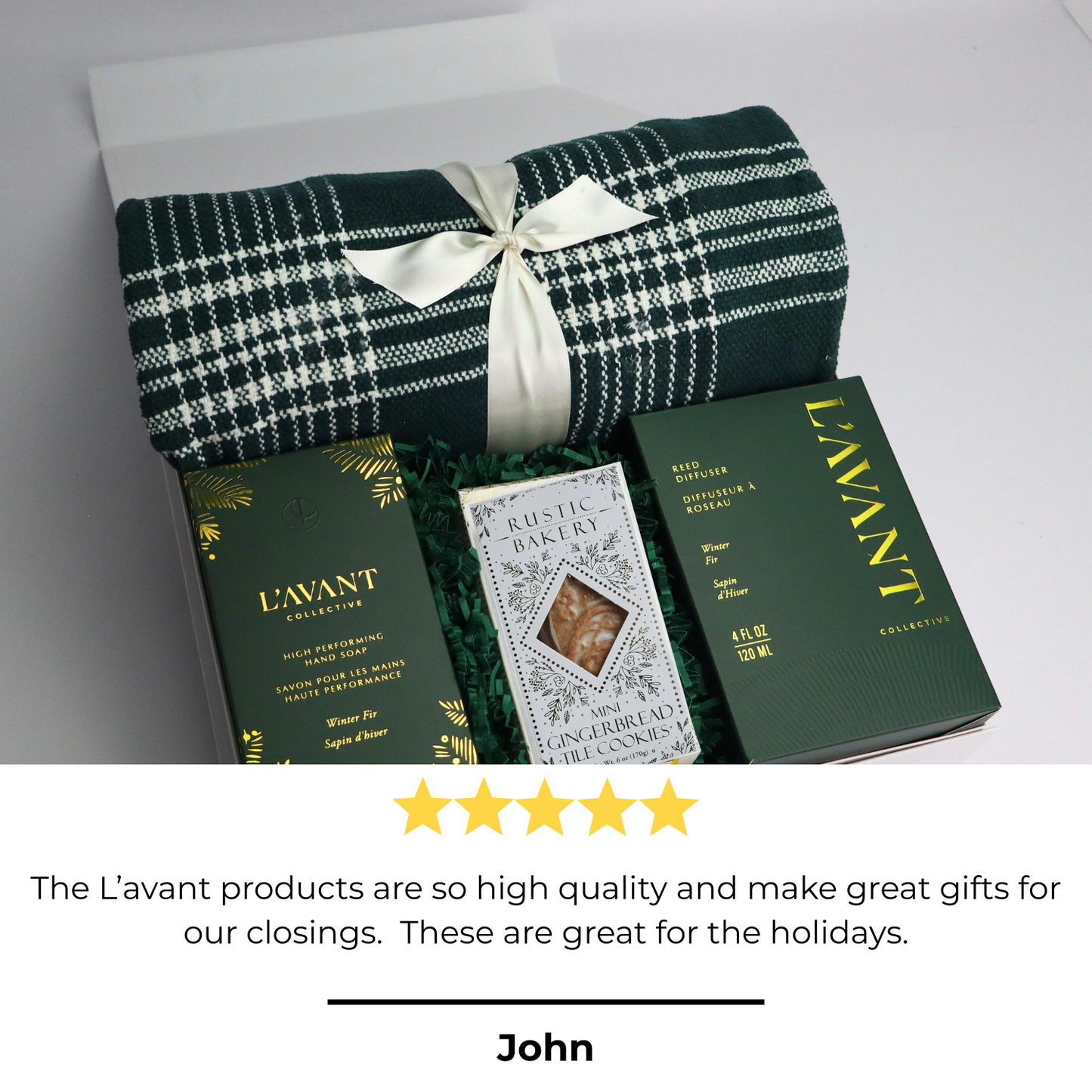 home for the holidays gift box perfect for holiday closing gifts or employee appreciation features lavant winter fir hand soap and diffuser. The white luxury gift box also includes a gren plaid 50x60 throw blanket and gingerbread glazed tile cookies