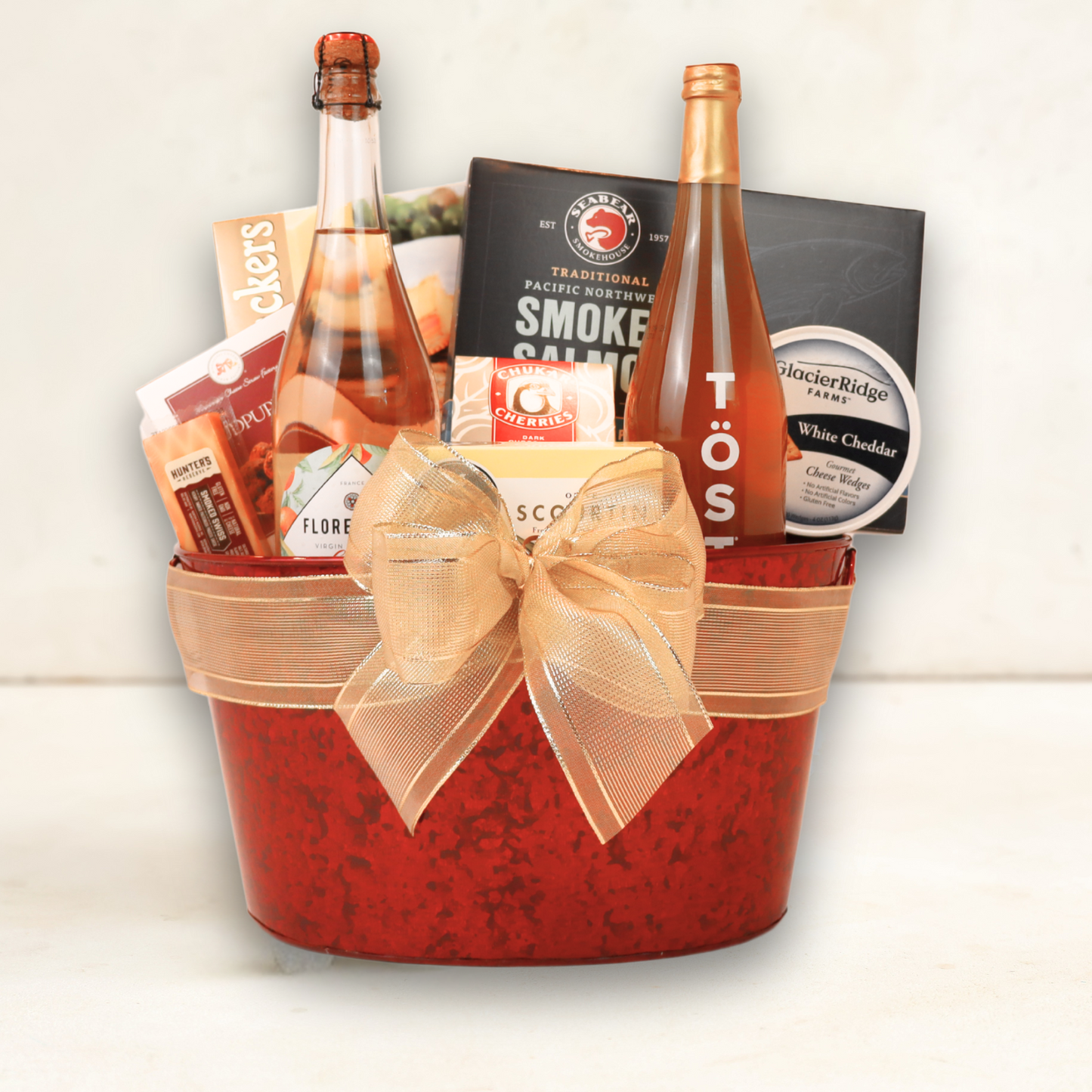 Non-Alcoholic Wine Gift Basket in faux leather tote with TÖST Sparkling White Tea, Florentina Sparkling Spritz, and gourmet treats made in WA, ideal for client or family gifting.