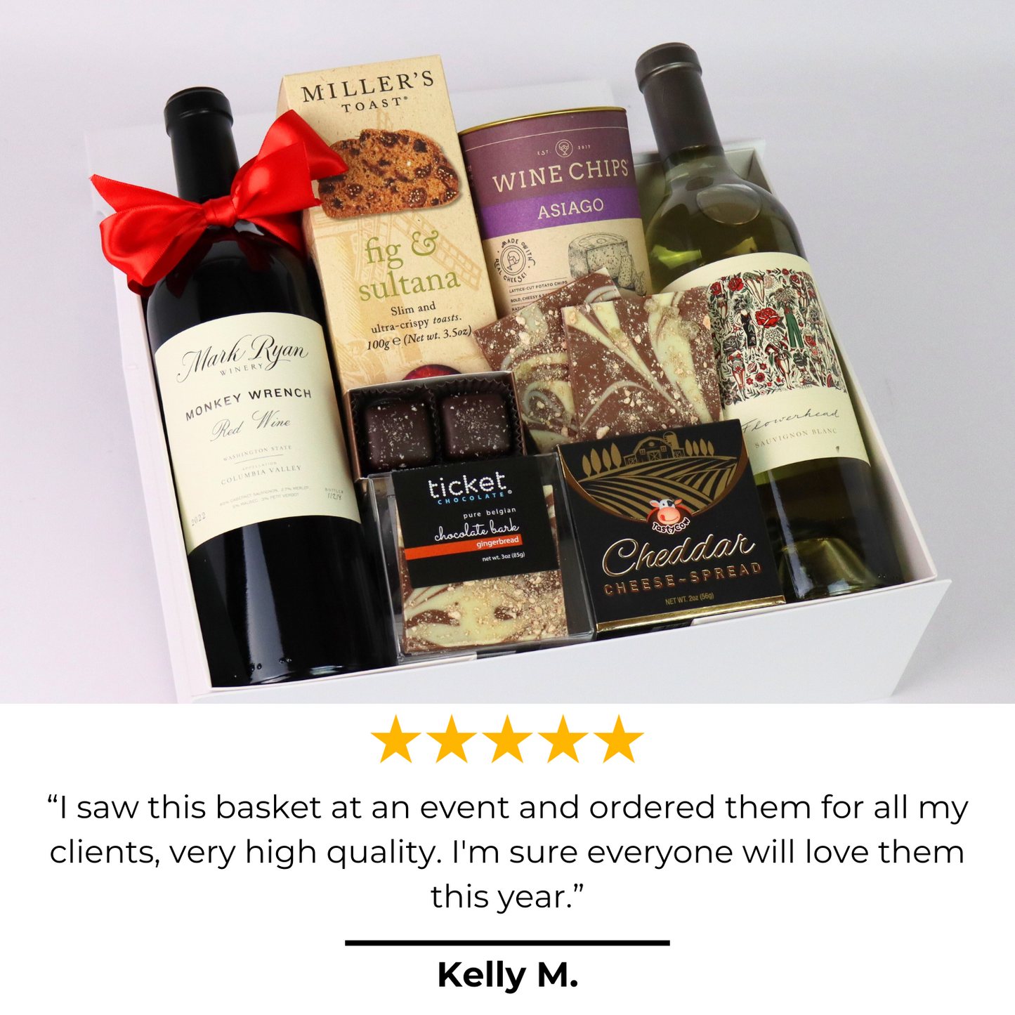 Northwest Elegance wine gift box with 5 star review that says "I saw this basket at an event and ordered them for all of my clients, very high quality. I'm sure everyone will love them this year."