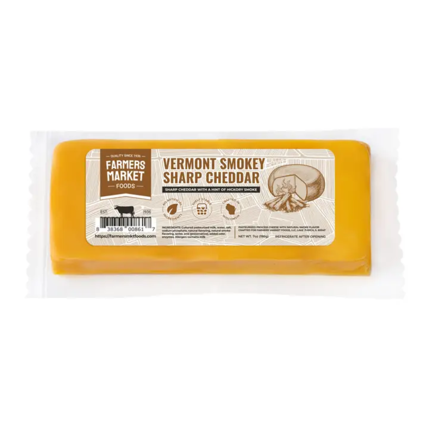 Smokey sharp Vermont cheddar, 7 oz block. Shelf-stable, non-GMO, gluten-free cheese. Perfect for wine gift baskets, charcuterie, or holiday snack boxes.