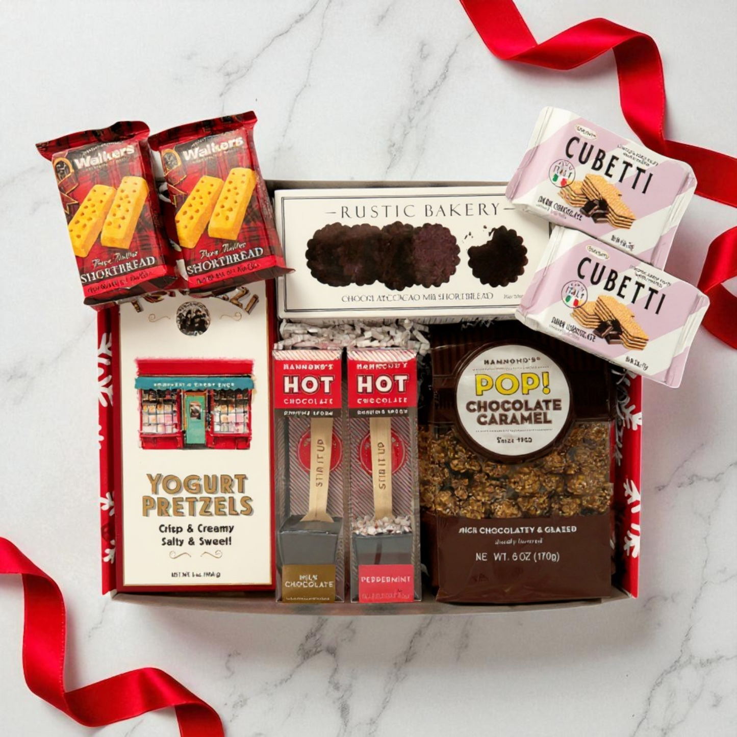 Employee Gift: Christmas snack and cocoa gift box with popcorn, cookies, cocoa, yogurt pretzels and wafer cookies in a decorative holiday gift box. Made in Washington