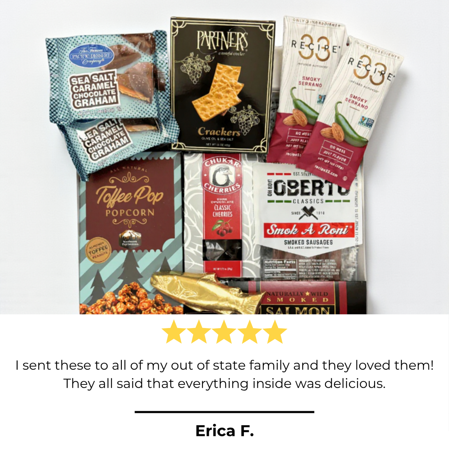 snack box filled with snacks made in WA. The gift box includes: smoked salmon, pepperoni sticks, raosted nuts, crackers chocolate cherries and a solid chocolate salmon
