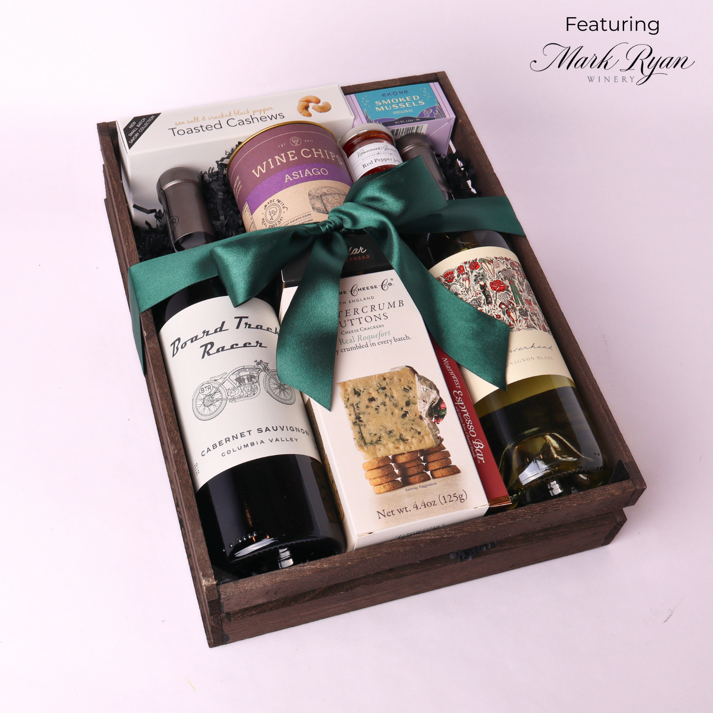 Washington Wine and Snack Tray featuring mark ryan cabernet sauvignon, pinot gris, blue cheese crackers, wine chips and more. Wrapped in a wooden crate with a satin bow.
