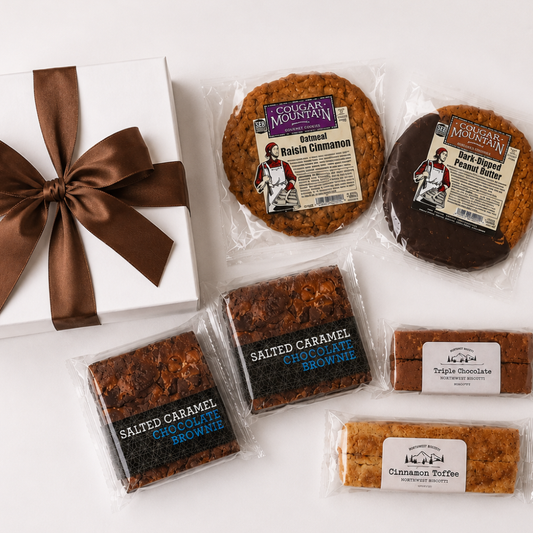 cougar mountain soft baked cookies, northwest biscotti and seattles favorite salted chocolate brownies with a white gift box and brown bow