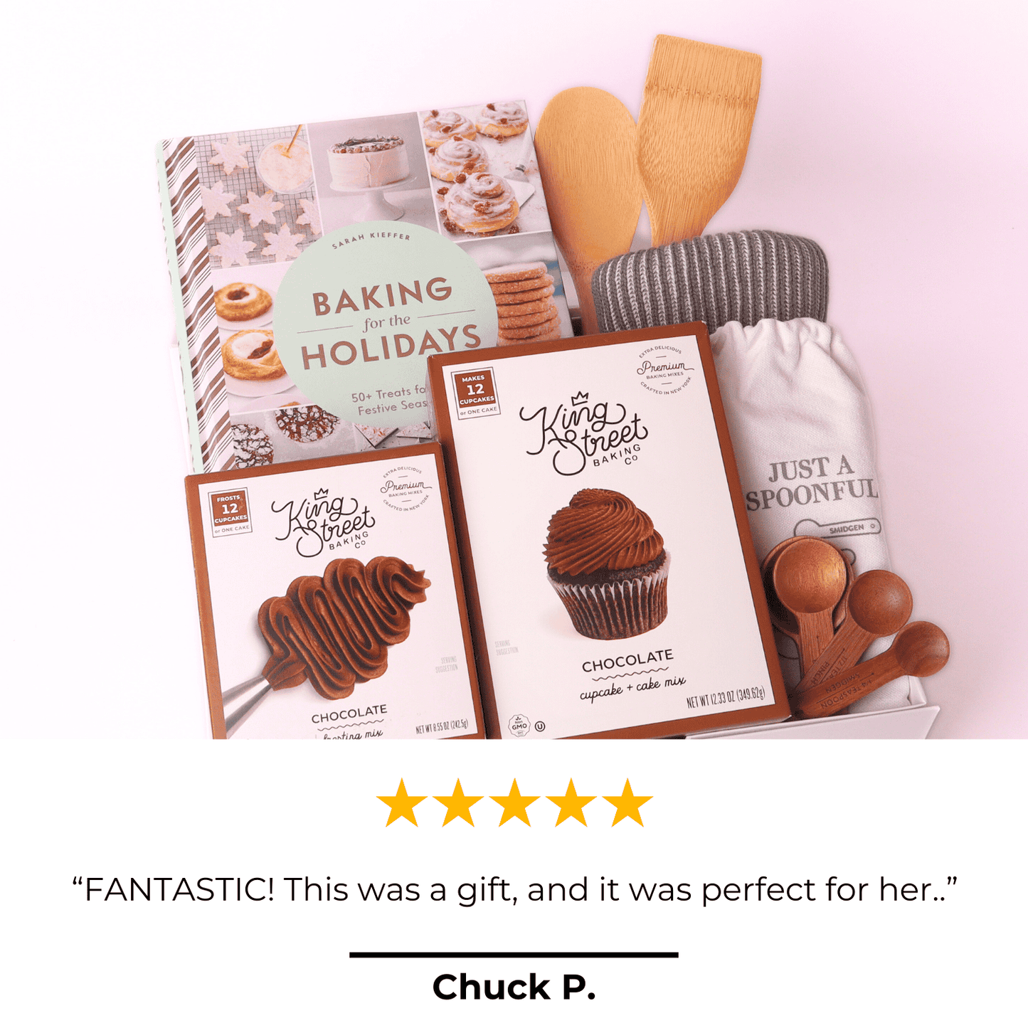 Baking For The Holidays gift box with kitchen items and holiday cook book with a 5 star review that the client enjoyed her gift