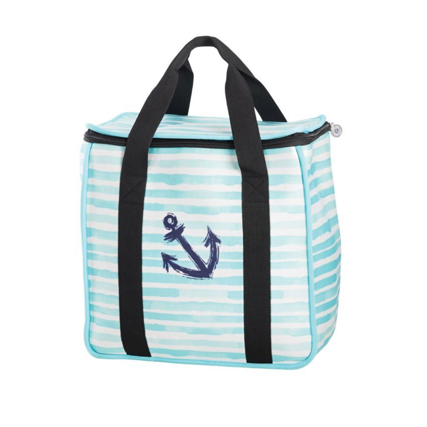 A blue and white striped insulated cooler bag with black handles and a navy anchor design on the front. Sized 13x13x7 inches, perfect for summer gifting.