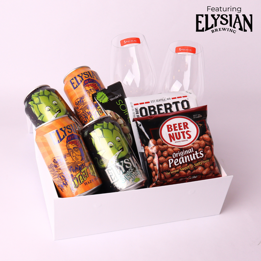 IPA gift basket with Seattle-made Elysian Brewing IPAs, Oberto pepperoni, Spiegelau glasses, and snacks.
