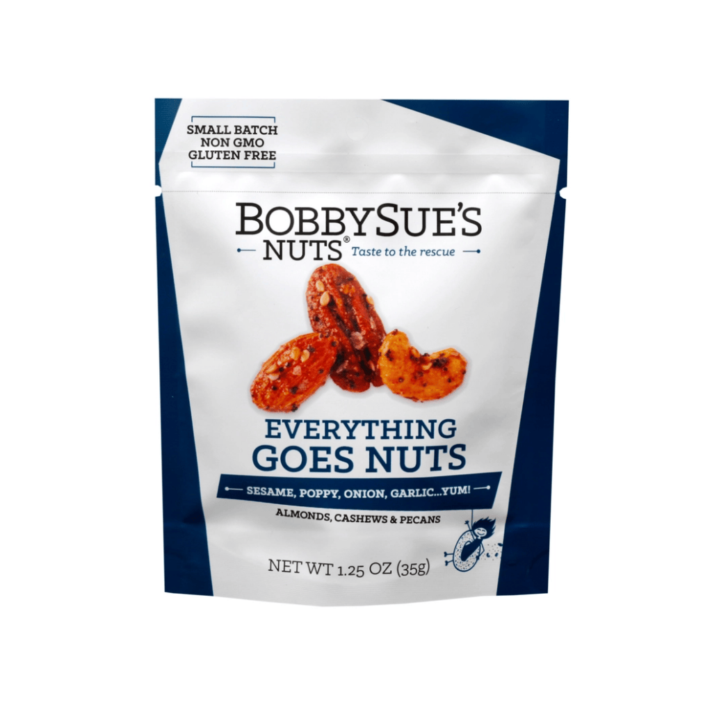 bobby sues everything goes mixed nuts snack pack 1.25oz. sesame, poppy, onion, garlic, almonds, cashews and pecans. Made in WA