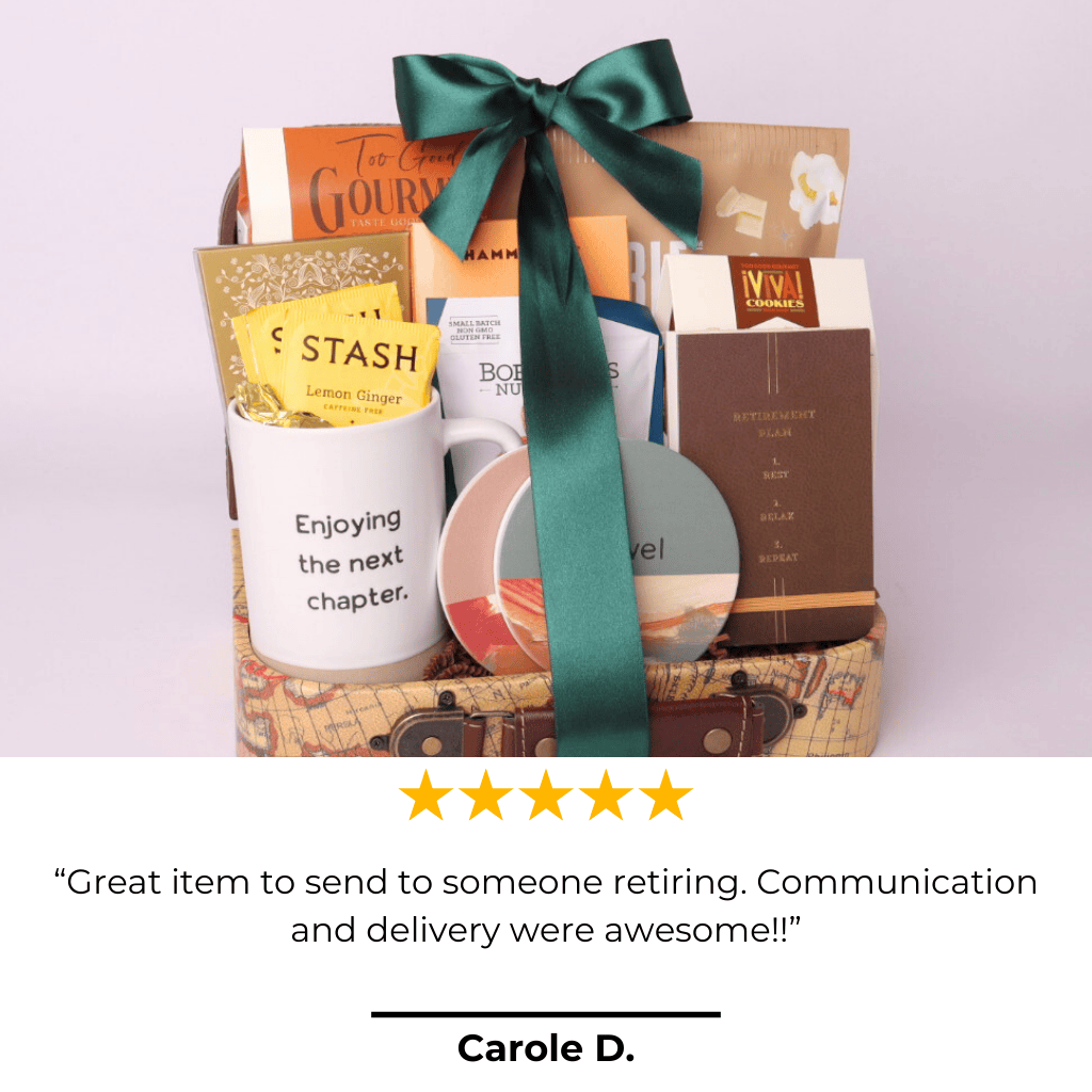 5 star review on the travel retirement gift basket for men and women. The travel themed gift box is packed in a mini decorative suitcase filled with travel snacks and a retirement mug, journal and coasters. Perfect retirement gifts for coworkers.