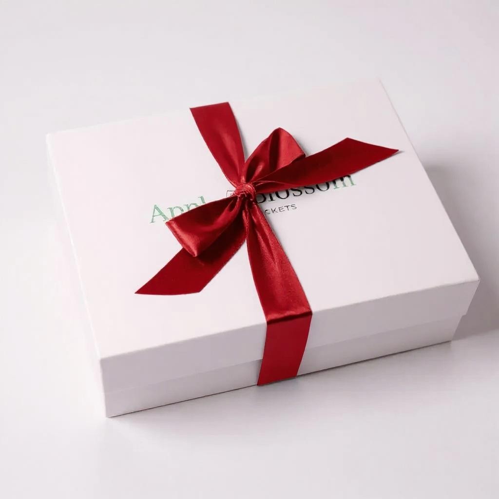 white apple blossom gift baskets signature luxe magnetic close corporate gift box with a satin red bow.