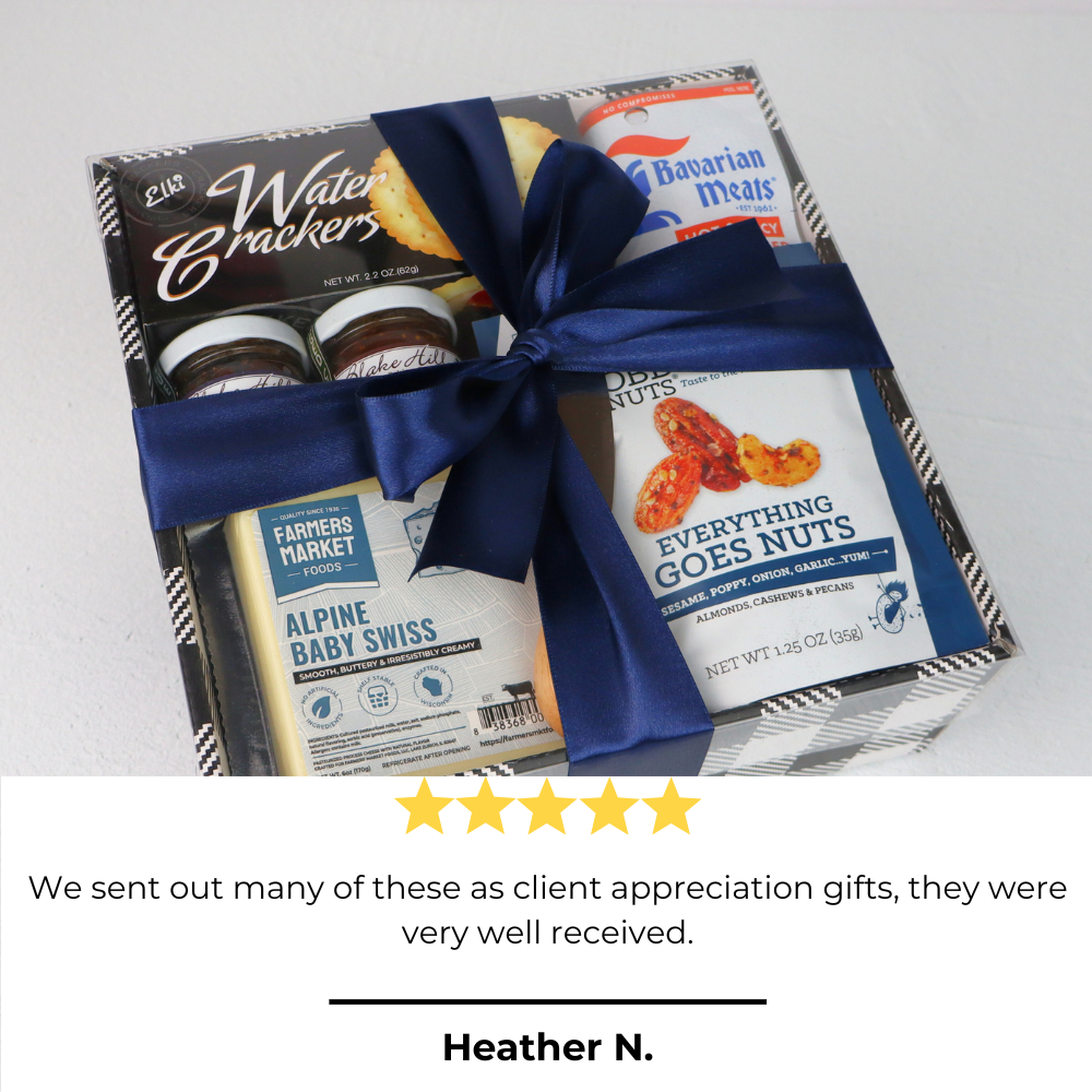 Gift basket with various food items tied with a blue ribbon on a white background, featuring a five-star rating and a sender's name.