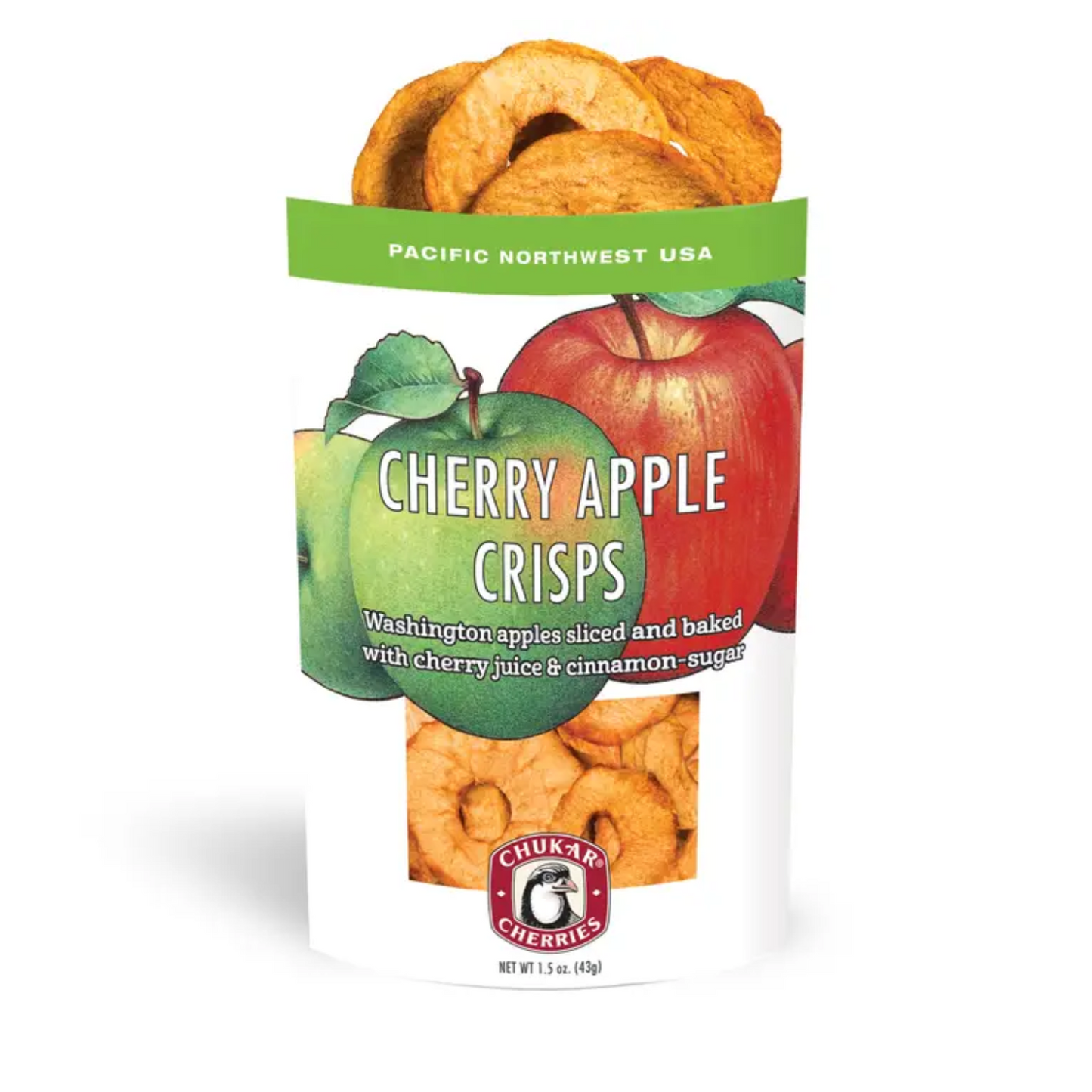 Packaged Chukar Cherry apple crisps with label on a white background