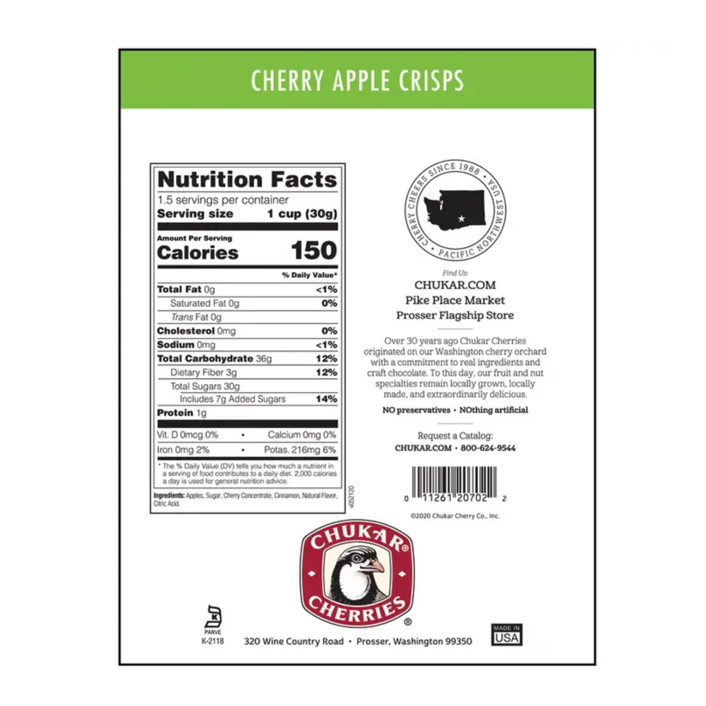 Nutrition label for Cherry Apple Crisps with Chukar Cherries branding.