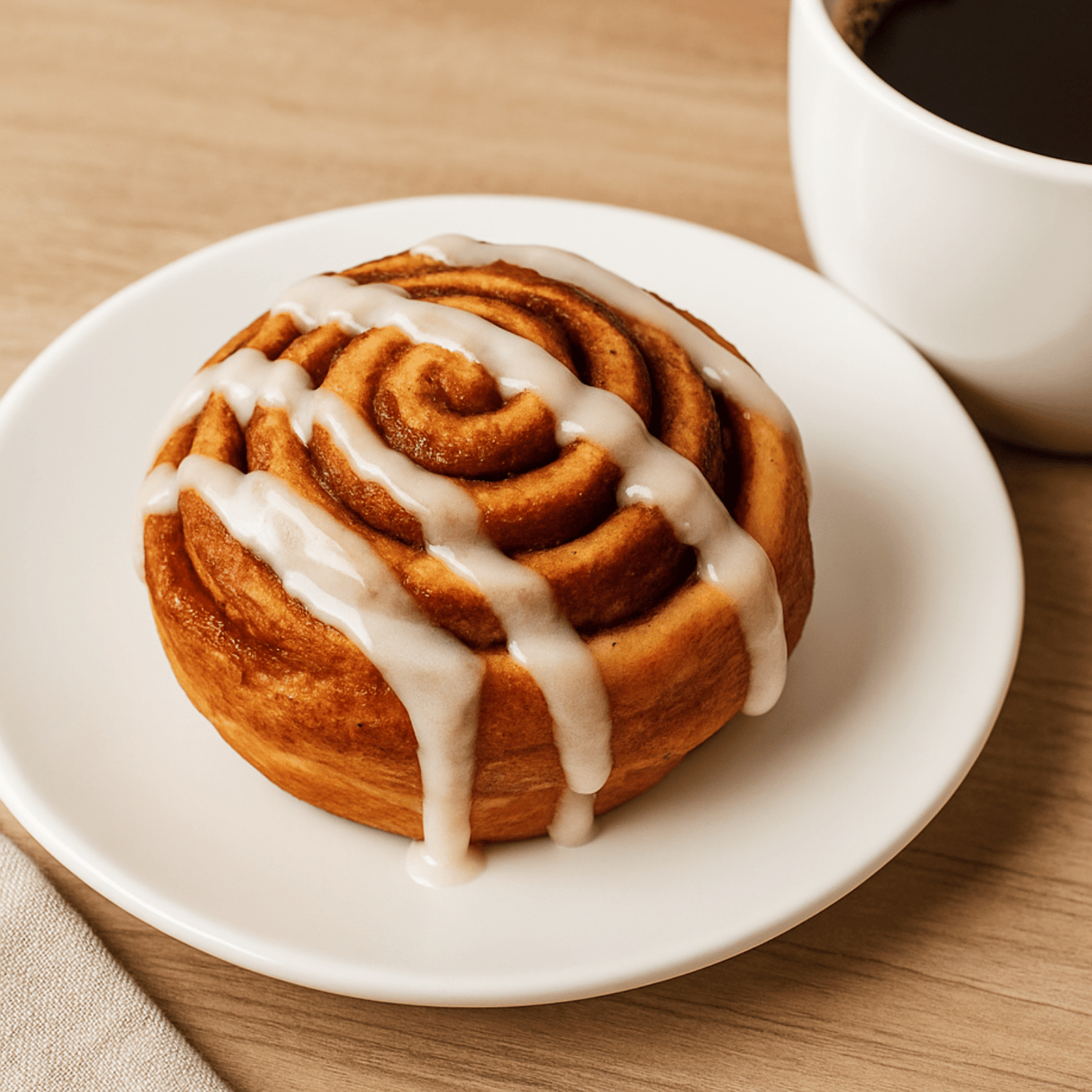 Fresh Baked Cinnamon Roll 4" wide with glaze made in the Pacific Northwest