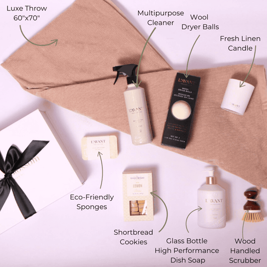 Welcome them home with our premium housewarming gift set, including eco-friendly cleaning essentials, a plush throw, delectable cookies, and a soothing candle, all beautifully arranged in our signature white box.