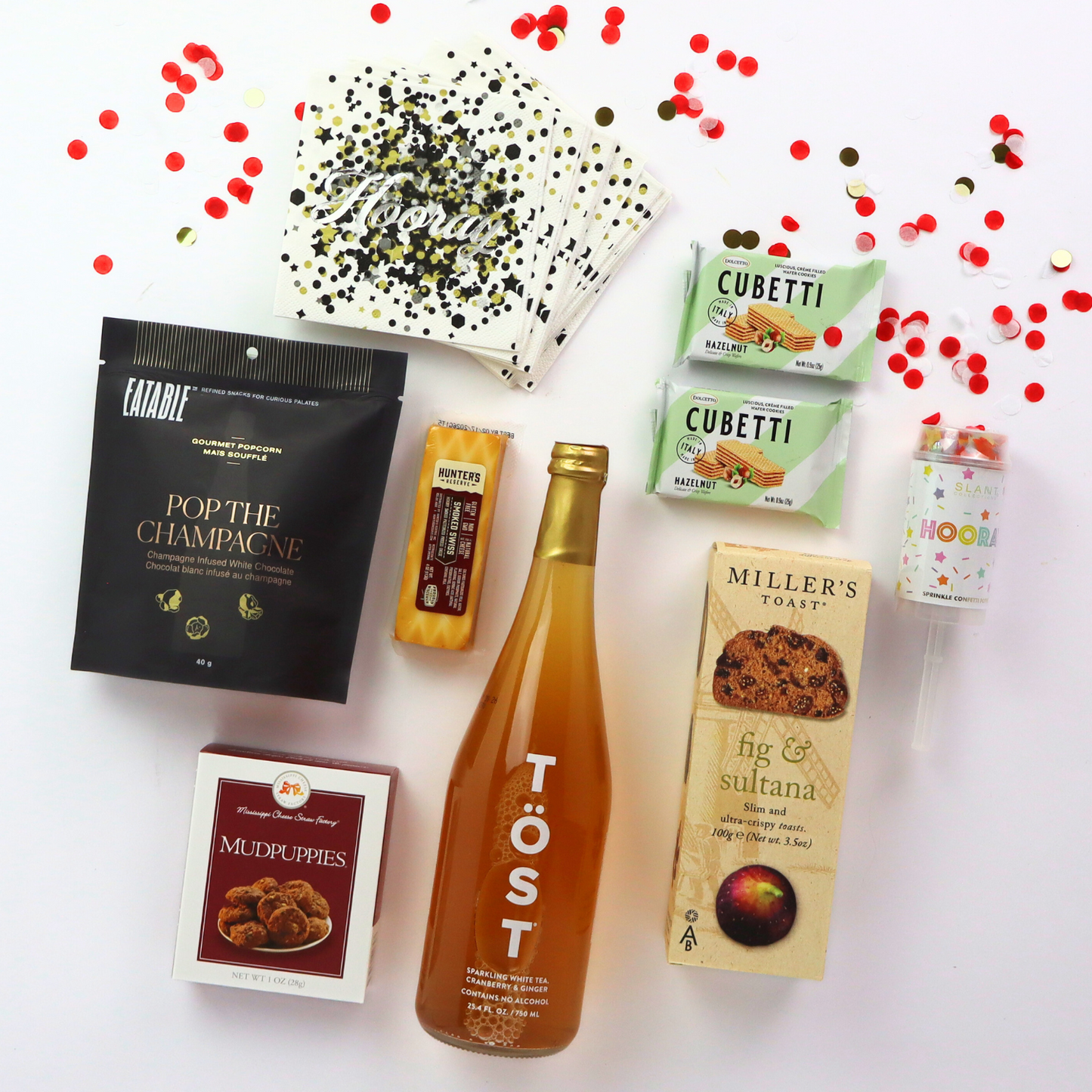 Cue The Confetti congratulations gift basket made in Washington comes with snacks and champagne in a reusable wooden tray. Made by Apple Blossom Gift Baskets.