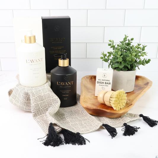 Luxury Seattle real estate closing kitchen gift basket with home goods, lavant dish soap, wooden tray, and kitchen essentials