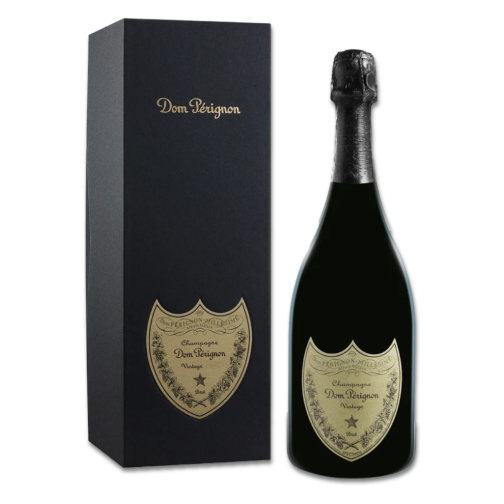 Dom Pérignon Non-Vintage Champagne bottle next to its black presentation box with gold foil branding, on a white background.
