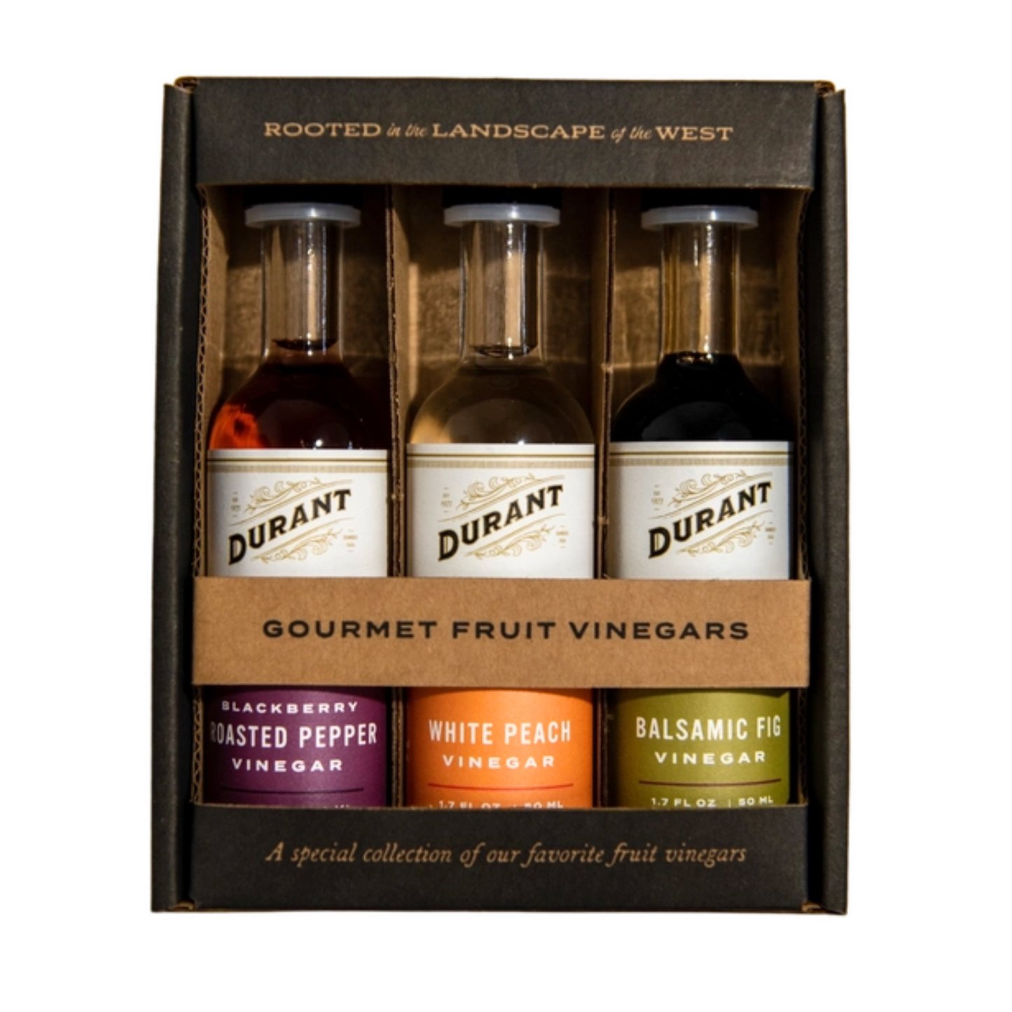 Durant vinegar sampler trio comes with three fruit infused 1.7 fl. oz. vinegars n glass bottles. Made in Oregon