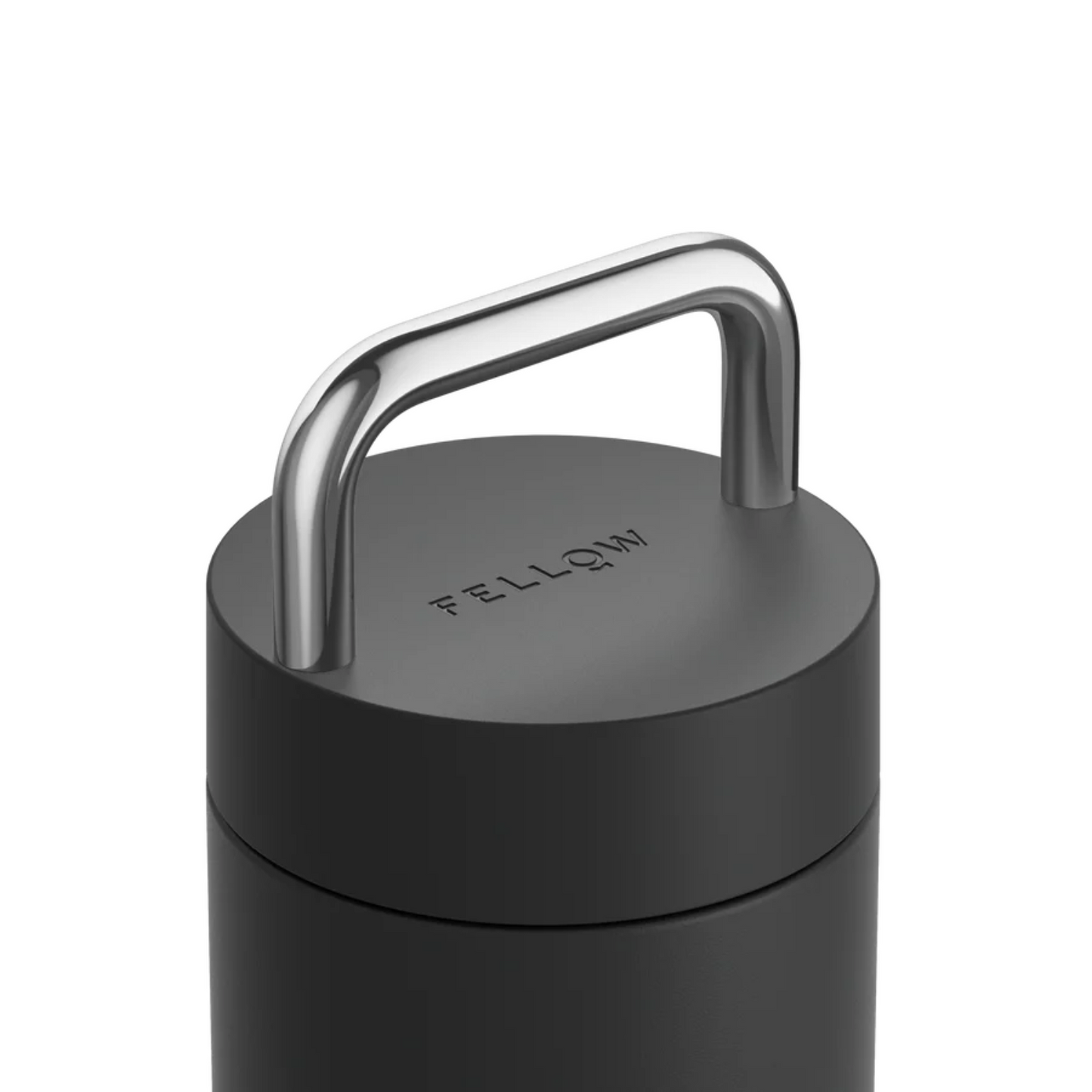 Black coffee brewing device with silver handle on a white background