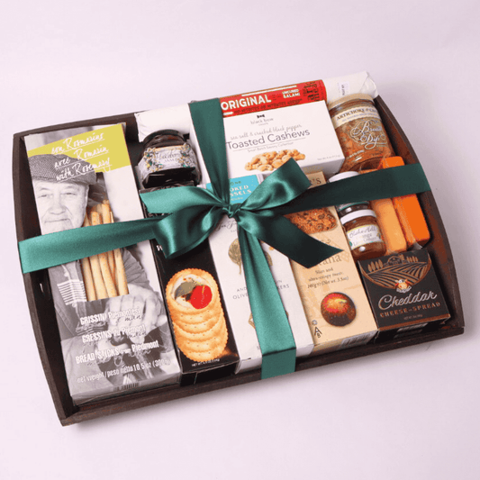 Gourmet Charcuterie Style Snack Tray featuring locally sourced snacks from Washington, including smoked muscles, uncured salami, huckleberry jam and toasted cashews—perfect for corporate gifting, holiday celebrations, or a unique housewarming gift basket.