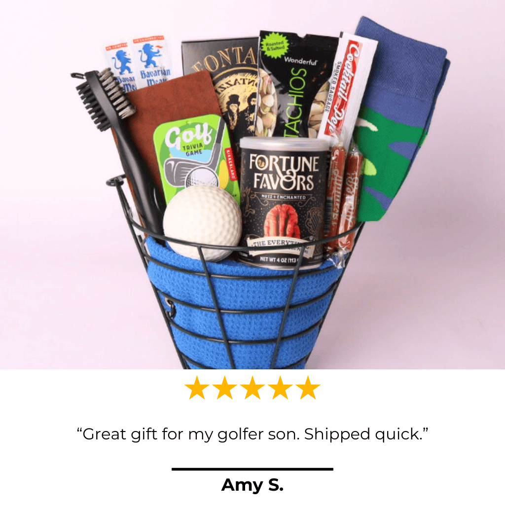 Golf gift basket with 5 star review that says "great gift for my golfer son. shipped quick"