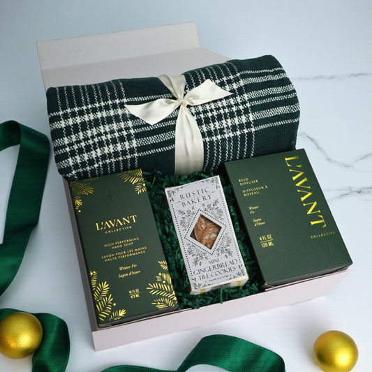Home for the Holidays Gift Box featuring plaid throw, L’Avant Winter Fir hand soap, reed diffuser, and gingerbread cookies — elegant PNW holiday gift for clients or employees.