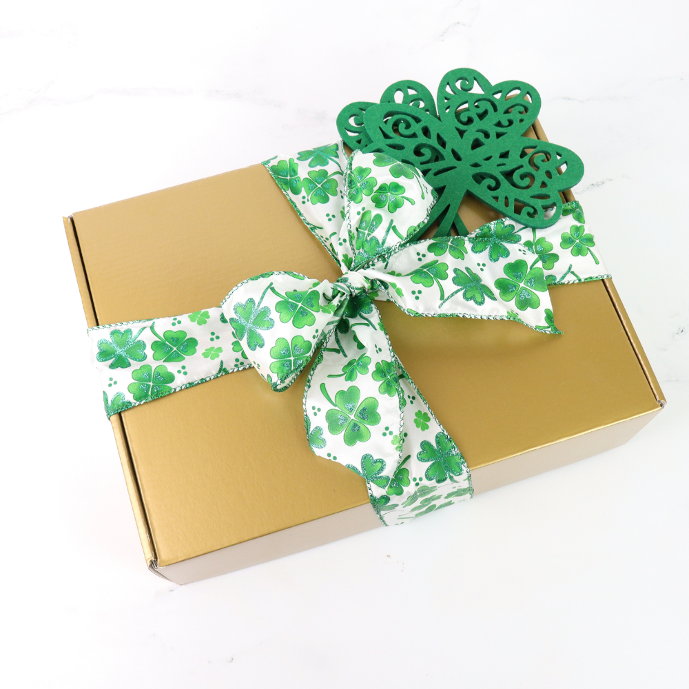 St Patrick’s Day gift boxes with green ribbon and Irish themed treats, Seattle gift boxes for holiday gifting and Washington gift delivery