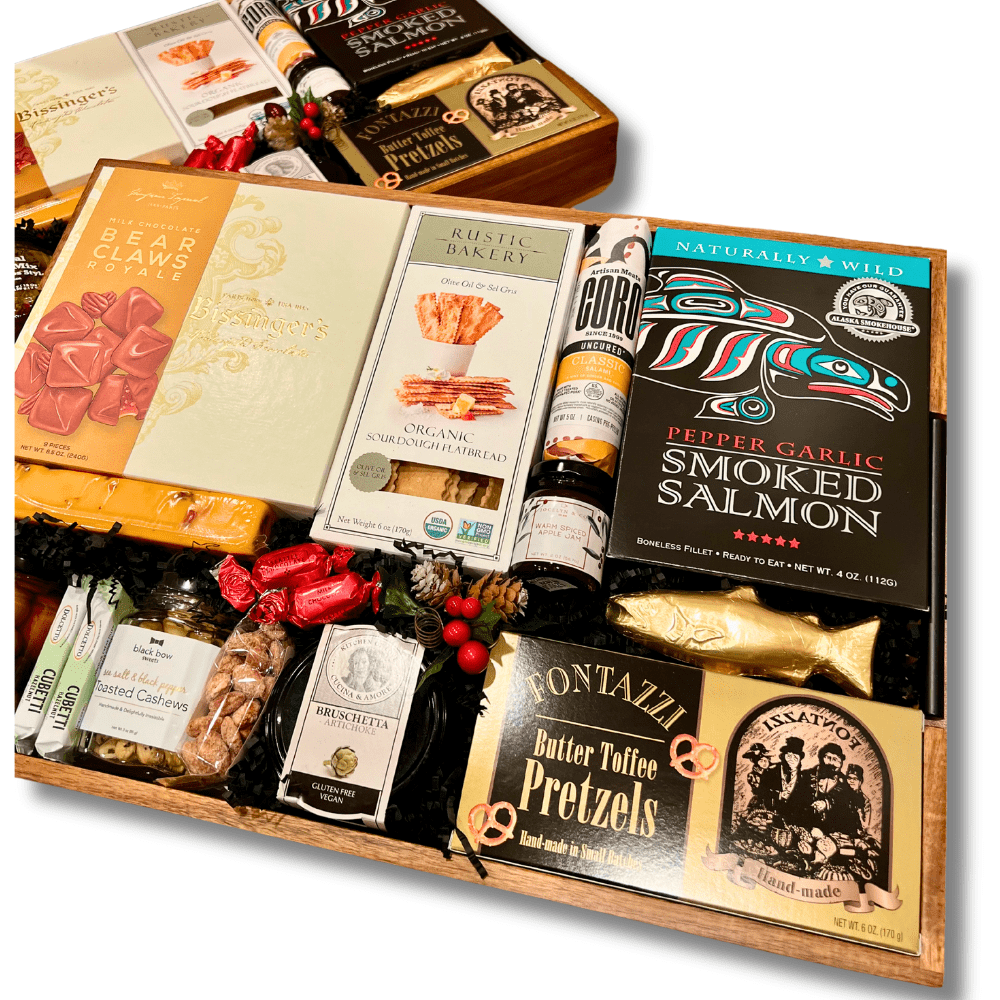 made in Washington charcuterie gift snack tray for the office.  Includes: smoked salmon, pretzels, candied nuts, bear claws, salami, crackers and snacks