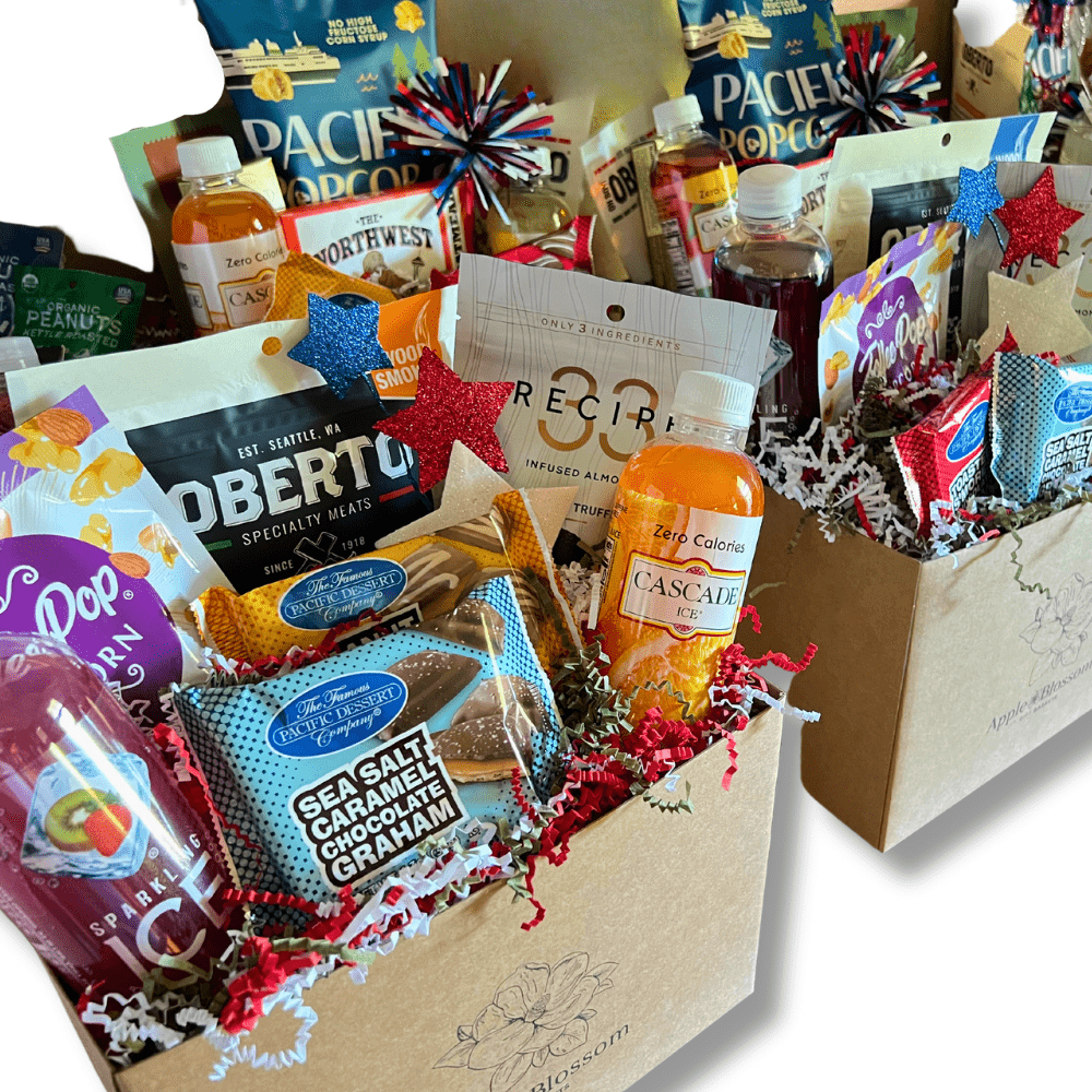 Made in Washington snack gift basket filled with beef jerky, popcorn, nuts, chocolates, lemonade and snacks