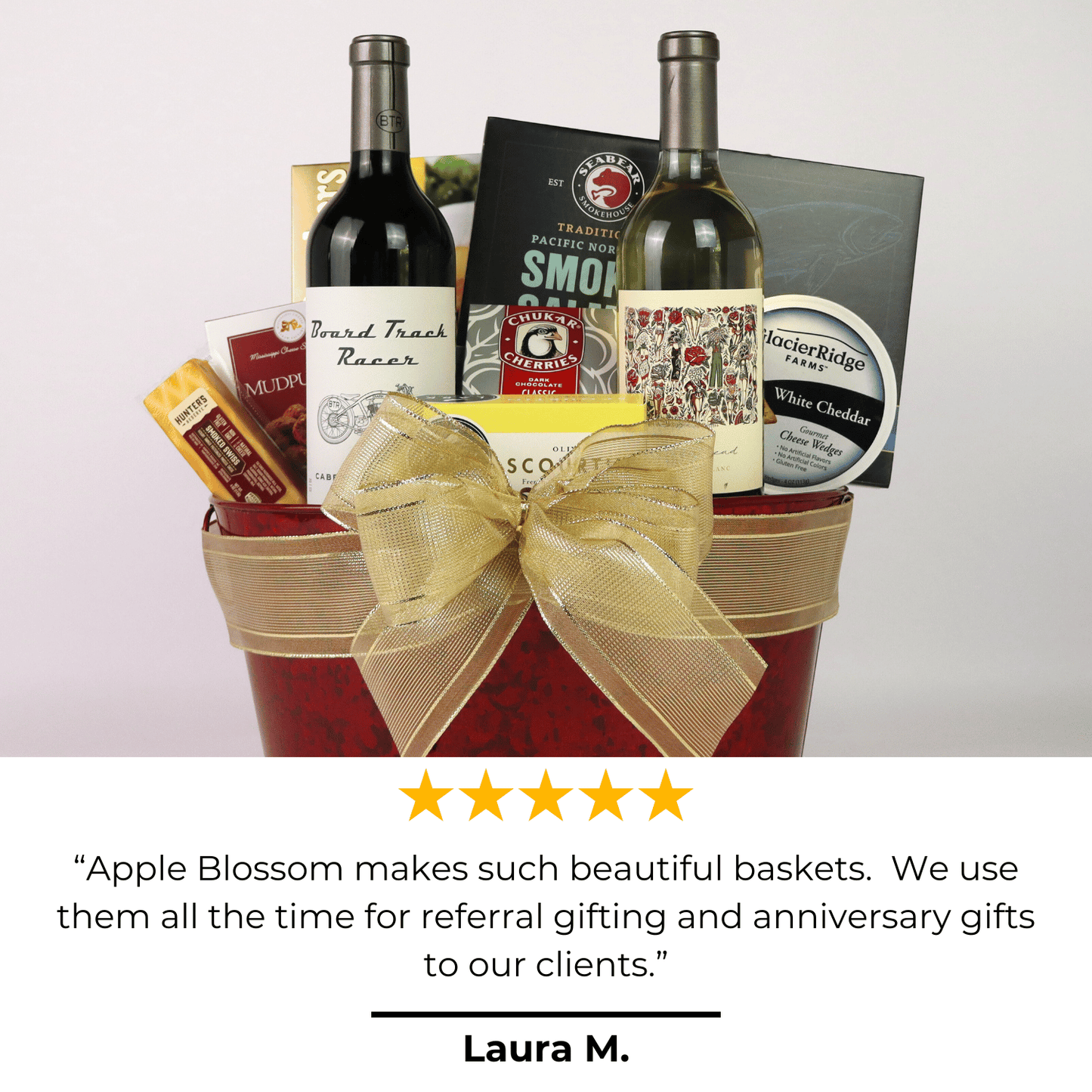 Mark Ryan Duet Wine Basket with 5 star review that says Apple Blossom makes such beautiful baskets. We use them all the time for referral gifting and anniversary gifts to our clients