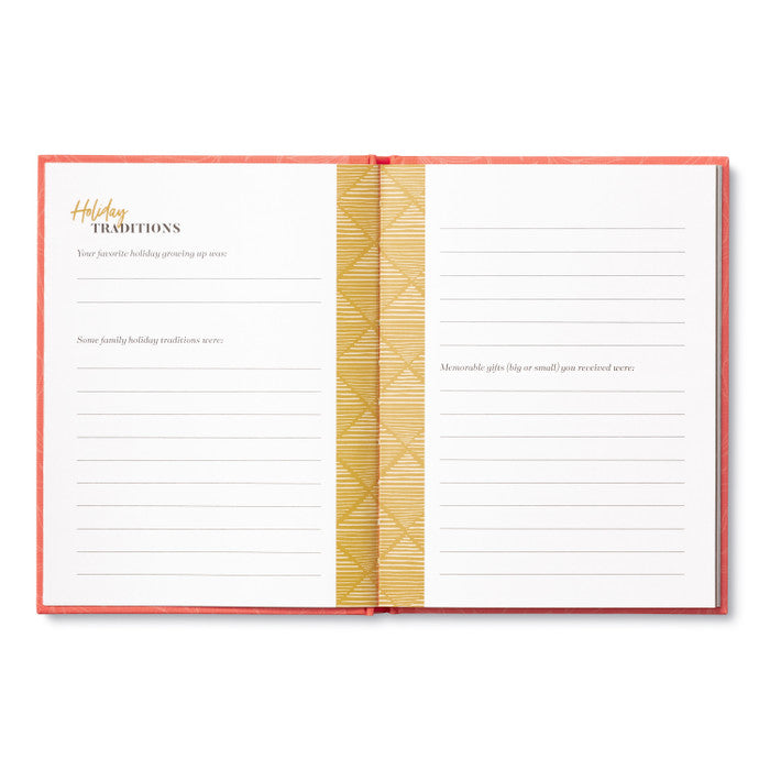Elegant coral interview book with gold embossed title, created to capture a mother’s personal stories, life lessons, and cherished memories.
