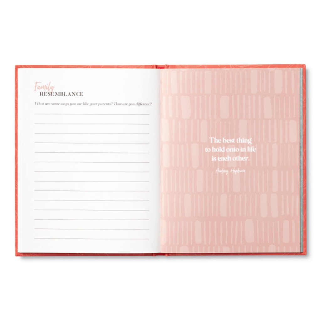 Guided keepsake journal for mothers featuring reflective prompts to record life stories, childhood memories, and meaningful advice for future generations.