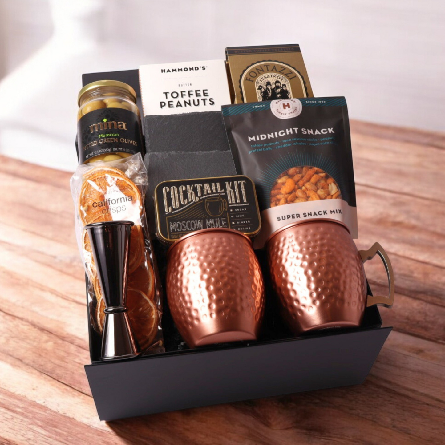 moscow mule gift box with copper mugs, cocktail mixer kit, slate coaters and snacks