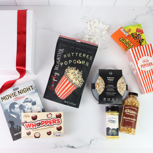 Luxury movie night gift basket for couples or families, crafted in the Pacific Northwest and filled with locally sourced treats and popcorn.