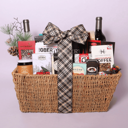 Washington snack gift basket for Christmas gifts. Includes wine, crackers cheese, chocolate and snacks.