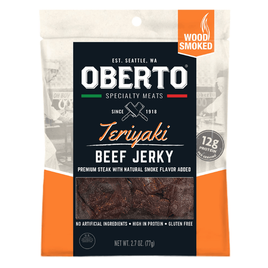 Oberto Teriyaki Beef Jerky, 2.7oz pack—made in Washington, rich teriyaki flavor with smoky applewood, ideal for gifting and snacking.