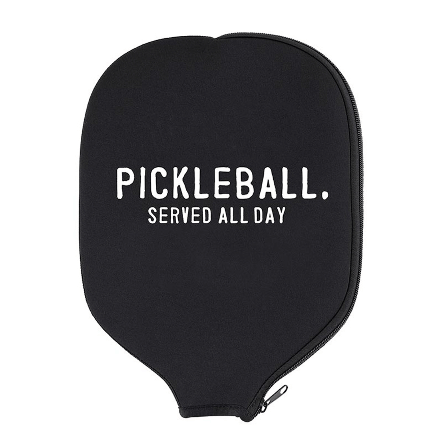 black pickleball paddle cover that says in white letters "pickleball served all day" makes the perfect addition to a pickleball gift