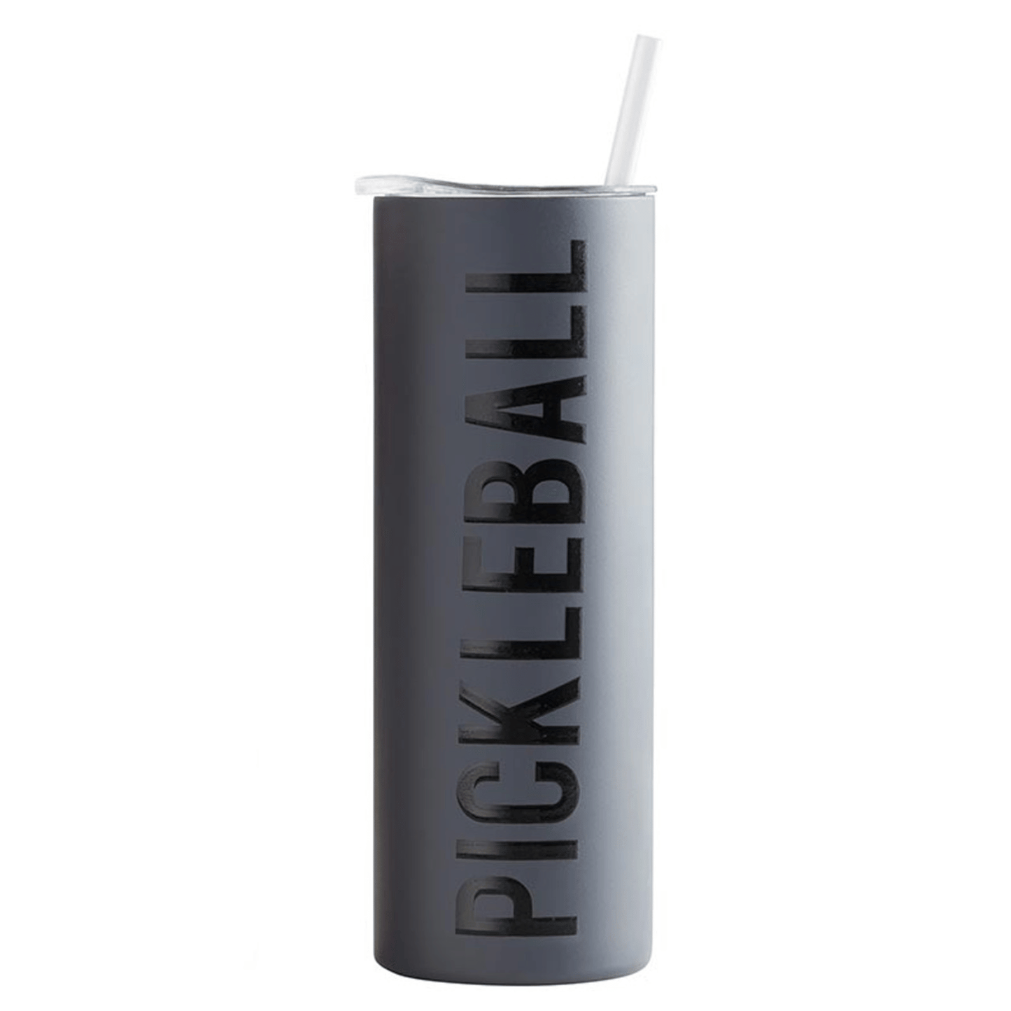 black on black 20oz. tumbler that says pickleball. Ad this to create your own personalized pickleball player gift.