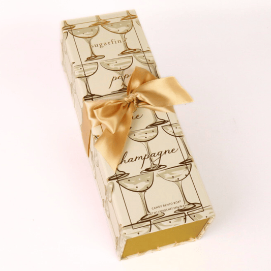 Pop The Champagne candy gift set with champagne gummy bears and cheers bubbly candy cube wrapped with a satin bow