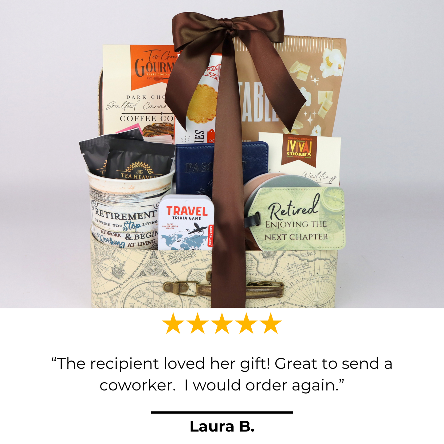 5 star review on the travel retirement gift basket for men and women. The travel themed gift box is packed in a mini decorative suitcase filled with travel snacks and a retirement mug, journal and coasters. Perfect retirement gifts for coworkers.