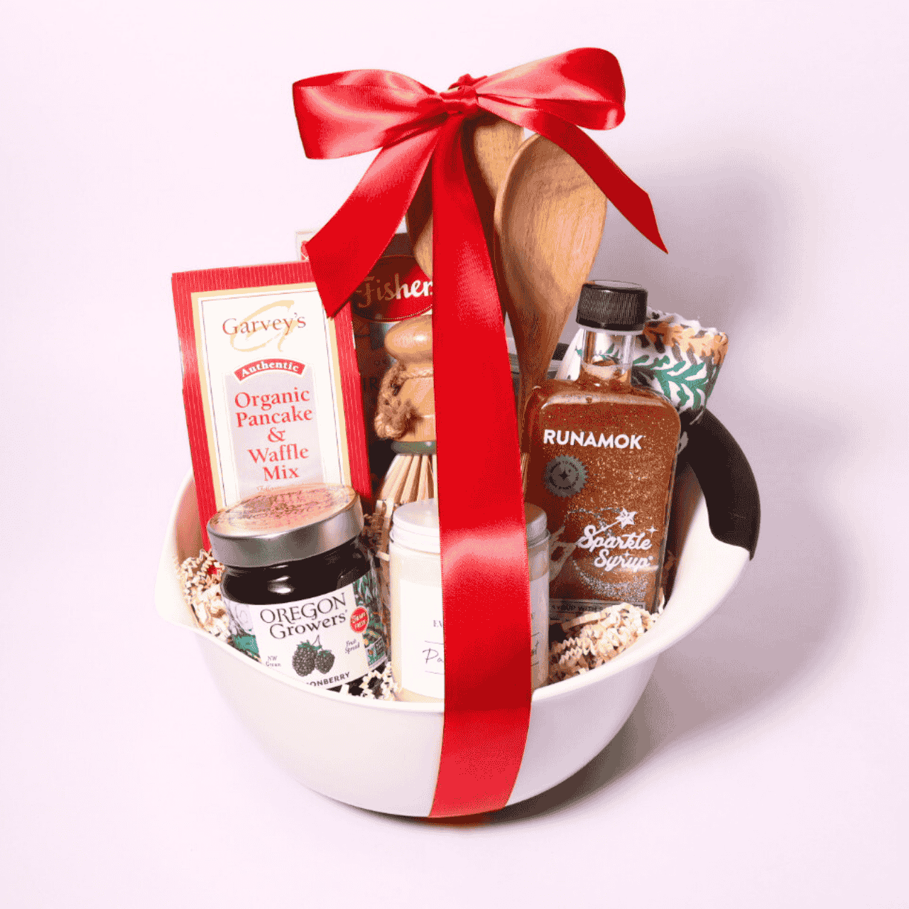 Pacific Northwest breakfast gift basket with Fisher Scone Mix, Marionberry Jam, Sparkle Maple Syrup, pancake mix, and cozy kitchen accessories in a 5-quart mixing bowl.