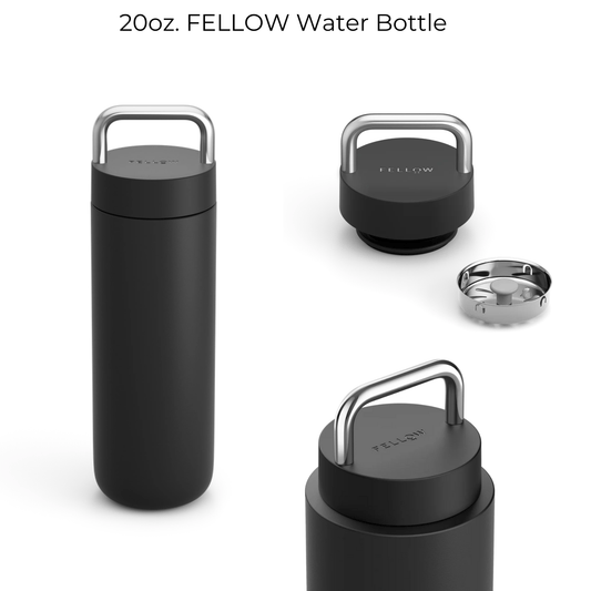 Black Fellow 20oz water bottle with stainless steel carry handle and ice block insert for optimal hydration and temperature control.