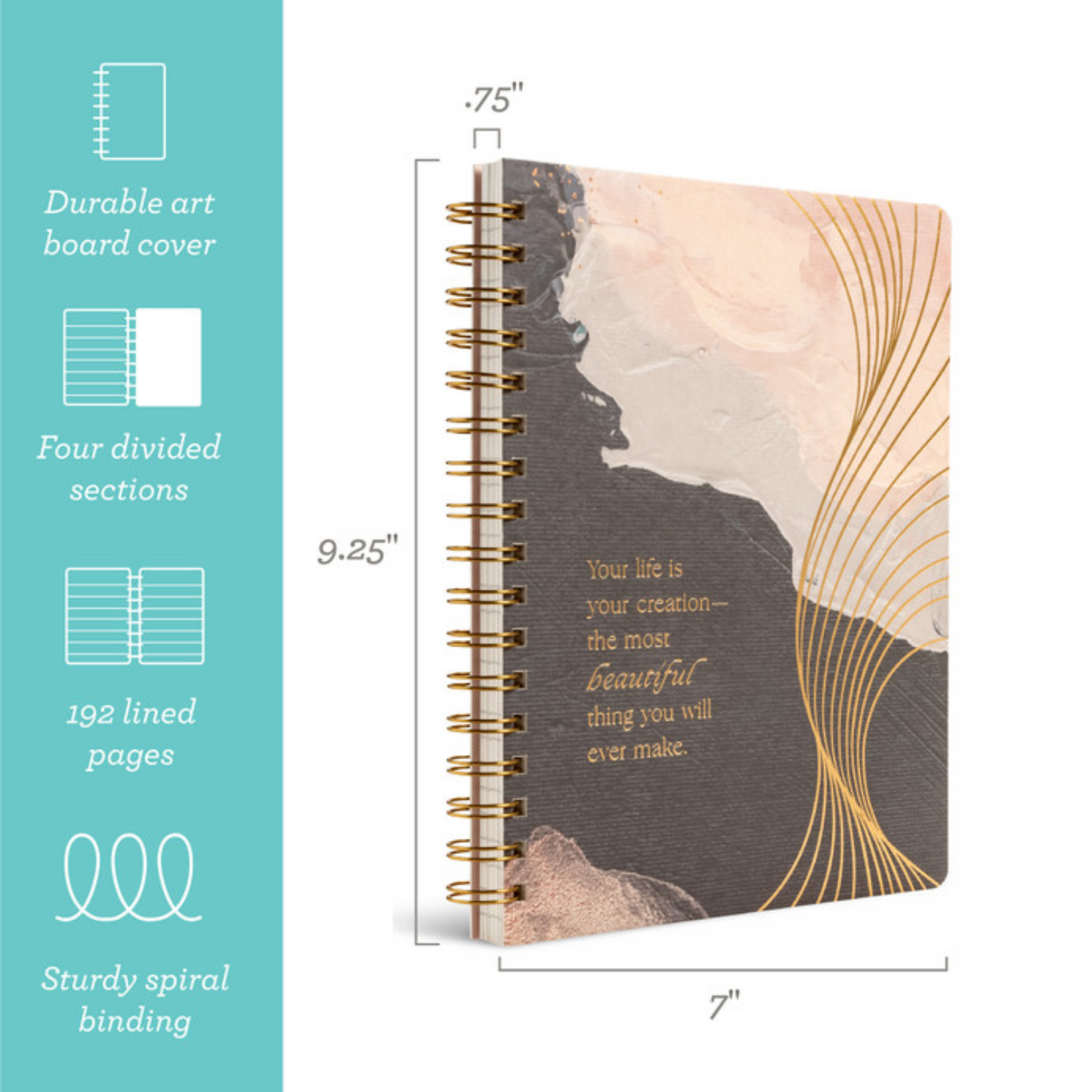 Spiral-bound notebook with artistic cover design and measurements on a white background