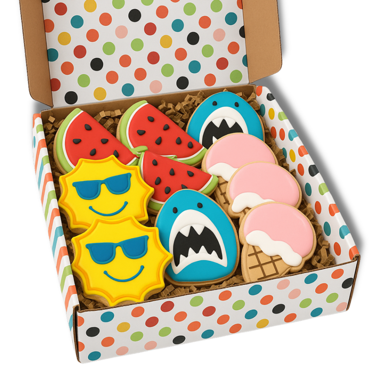Colorful cookies shaped like a sun, watermelon, and shark in a polka dot box.