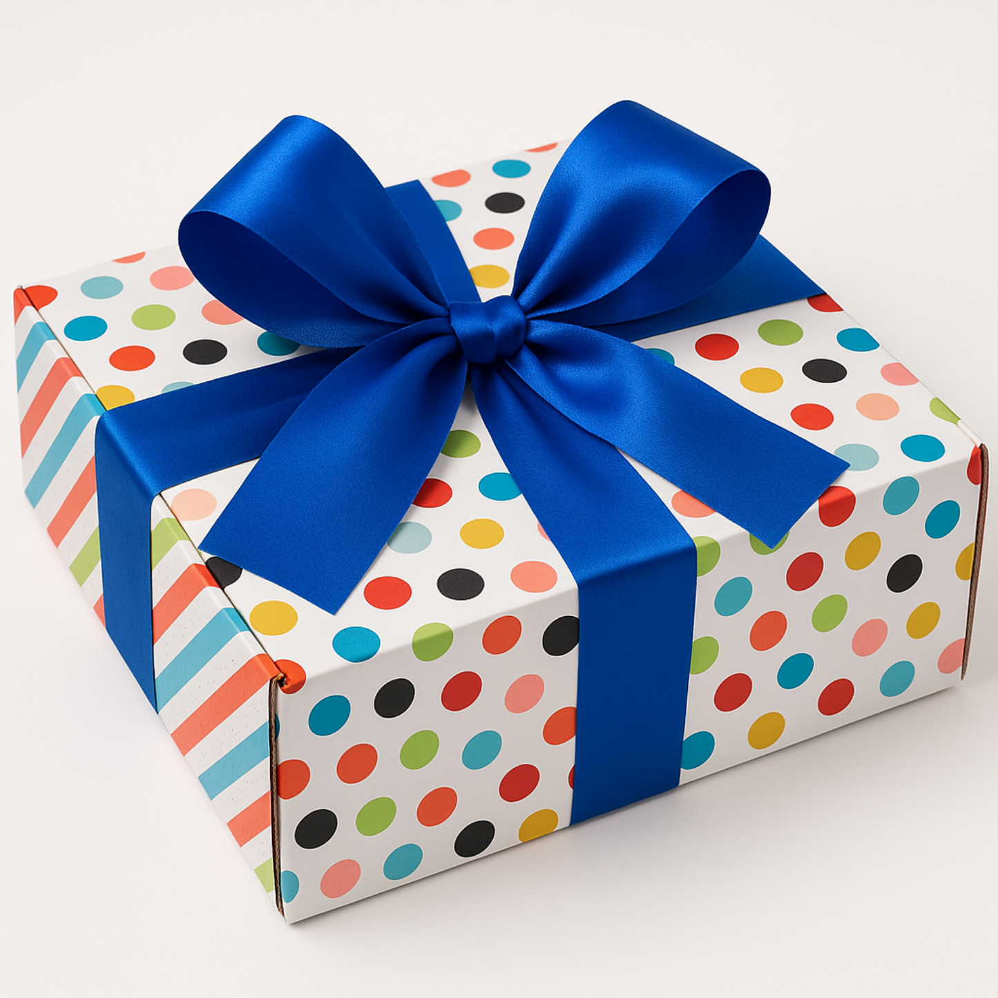 Gift box with colorful polka dot pattern and blue ribbon on a white background